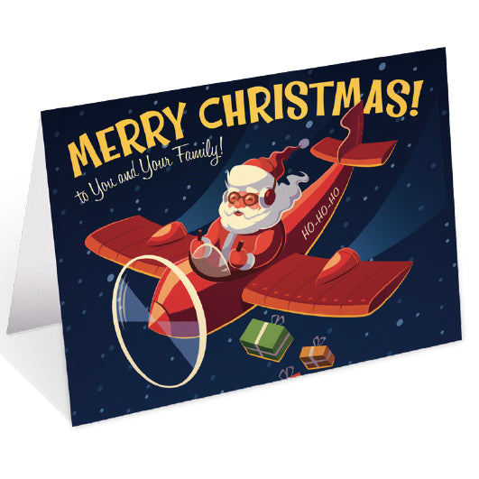 Retro Flying Santa Christmas Card